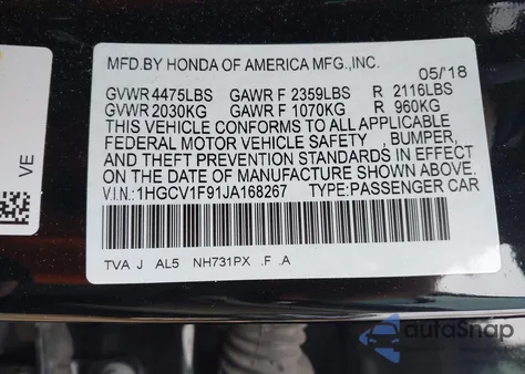 2018 Honda Accord Touring z USA, uszkodzony, nr VIN 1HGCV1F91JA168267